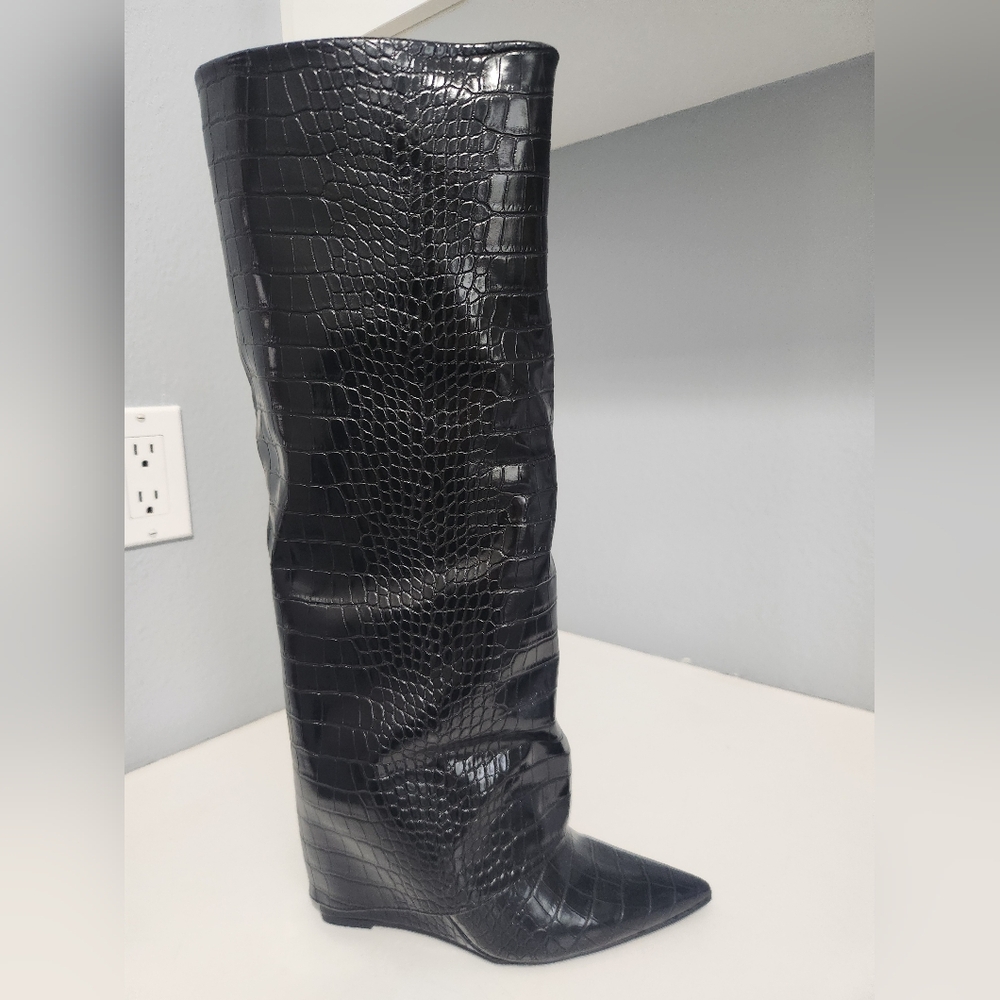 Black Croc-Embossed Knee-High Boots
